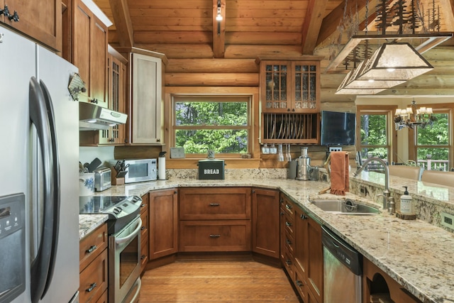 kitchen featuring rustic walls, wood ceiling, stainless steel appliances, under cabinet range hood, and a sink