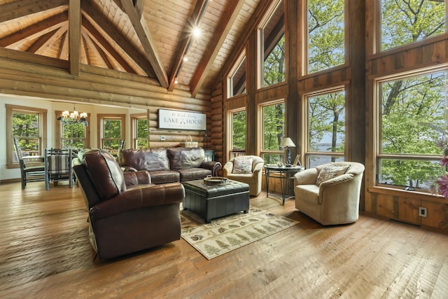 living room featuring high vaulted ceiling, wood ceiling, a notable chandelier, and hardwood / wood-style flooring