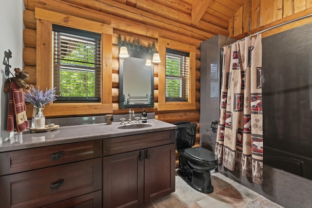 bathroom with wooden ceiling, toilet, shower / tub combo, vanity, and rustic walls