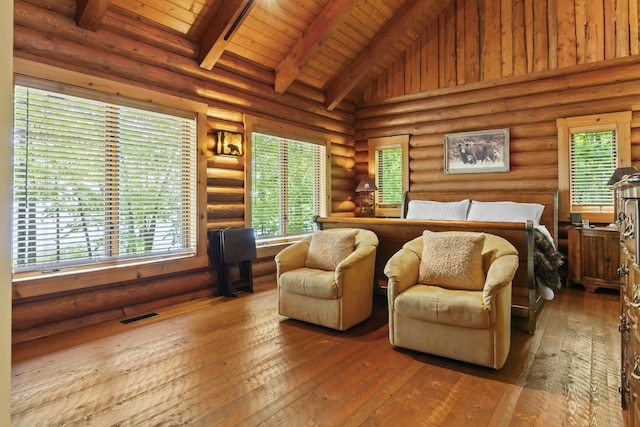 bedroom with vaulted ceiling with beams, log walls, visible vents, wood ceiling, and hardwood / wood-style floors