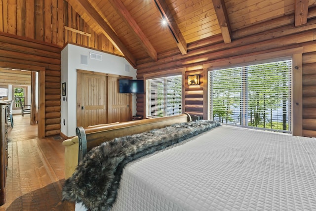 bedroom with wood-type flooring, visible vents, high vaulted ceiling, wooden ceiling, and beamed ceiling