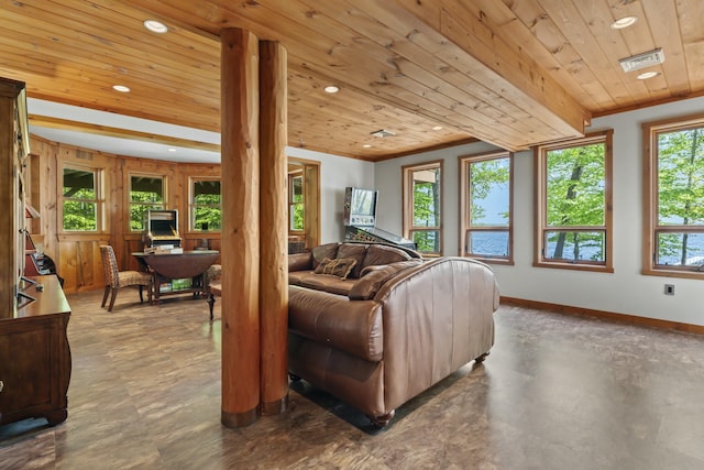 living room with visible vents, baseboards, wooden ceiling, ornamental molding, and recessed lighting