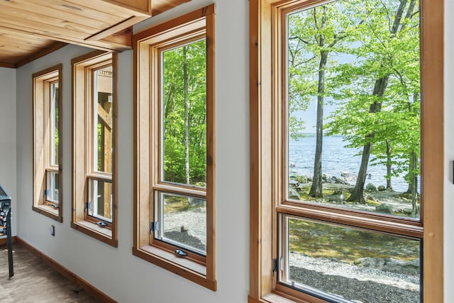 doorway to outside featuring a water view, baseboards, and wood finished floors