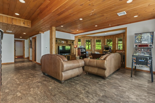 living room with recessed lighting, wood ceiling, visible vents, and baseboards