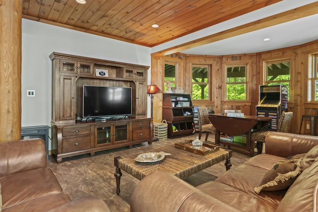 living room with recessed lighting, wooden ceiling, and wooden walls