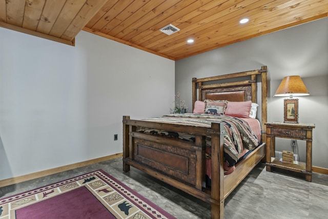 bedroom featuring wood ceiling, recessed lighting, visible vents, and baseboards