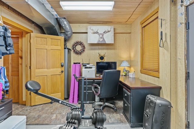 home office featuring wooden ceiling