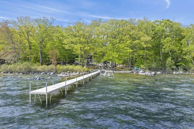 view of dock featuring a water view and a wooded view