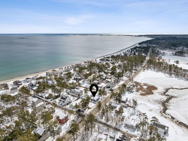 aerial view featuring a beach view and a water view