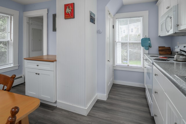 kitchen with dark wood-style flooring, a baseboard radiator, white cabinetry, white appliances, and baseboards