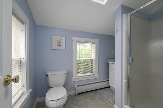 bathroom featuring baseboards, toilet, lofted ceiling, a baseboard radiator, and a shower stall