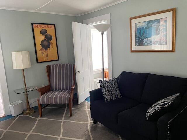 living room with carpet and ornamental molding