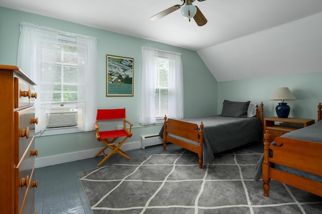 bedroom with lofted ceiling, hardwood / wood-style floors, baseboard heating, ceiling fan, and baseboards