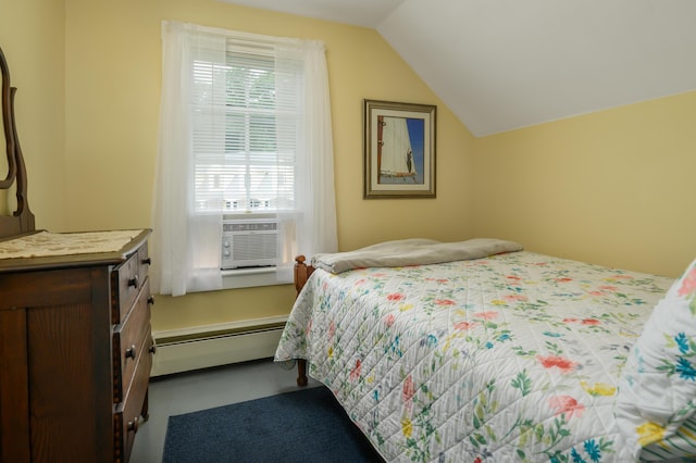 bedroom featuring a baseboard radiator, cooling unit, and lofted ceiling