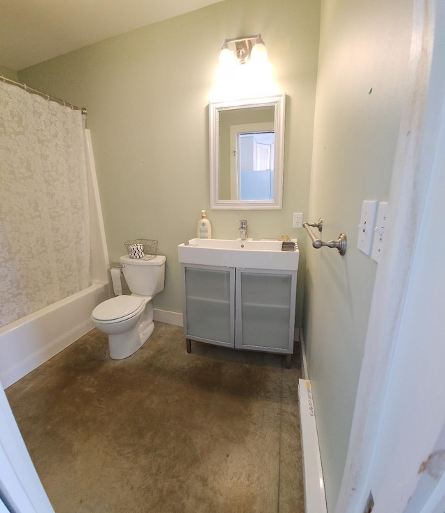 bathroom featuring toilet, shower / bath combination with curtain, baseboards, baseboard heating, and vanity