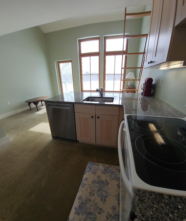 kitchen with a sink, range with electric stovetop, a peninsula, stone counters, and dishwasher