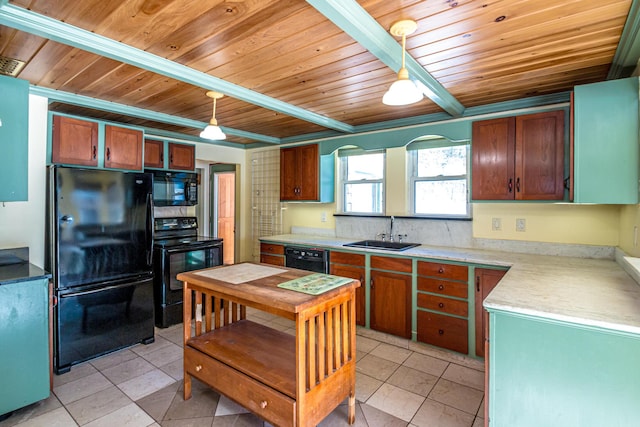 kitchen featuring light tile patterned floors, hanging light fixtures, a sink, wooden ceiling, and black appliances