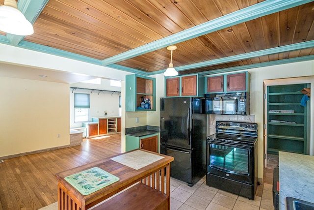 kitchen featuring wood ceiling, hanging light fixtures, black appliances, light wood finished floors, and beamed ceiling