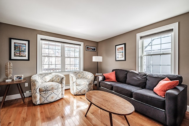 living area featuring plenty of natural light, baseboards, and hardwood / wood-style floors