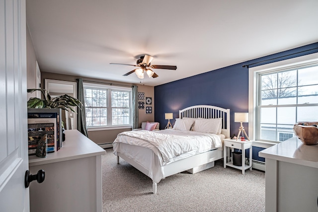 bedroom with carpet floors, baseboard heating, and a ceiling fan