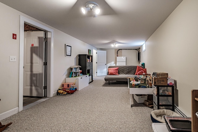 carpeted living room with baseboards