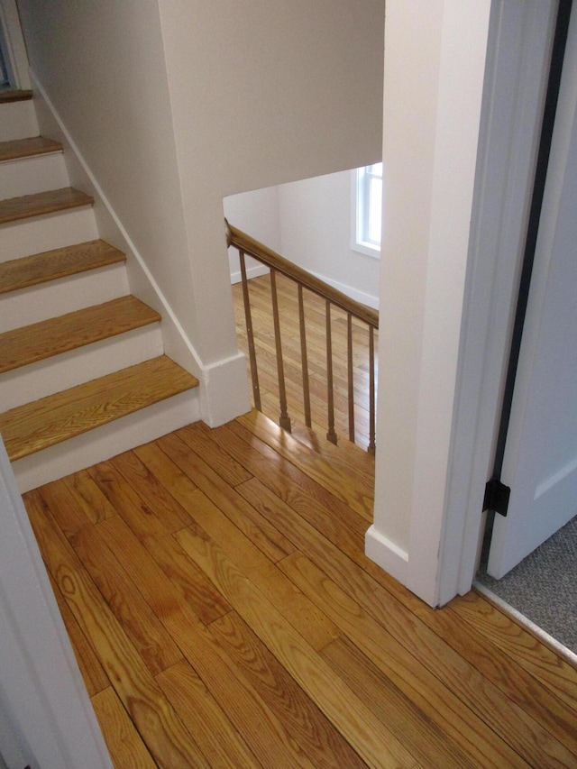 stairway with baseboards and hardwood / wood-style flooring