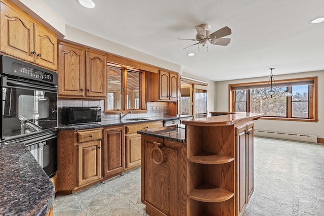 kitchen featuring recessed lighting, backsplash, a baseboard radiator, open shelves, and black appliances