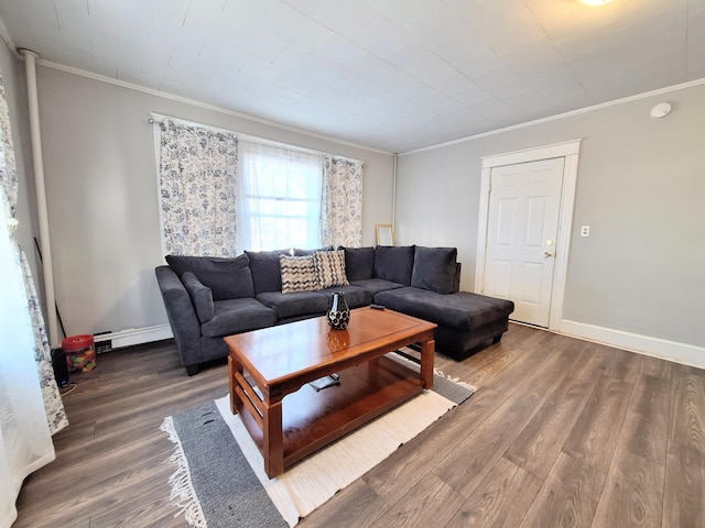 living room featuring crown molding, baseboards, baseboard heating, and wood finished floors