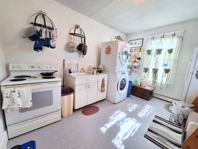 kitchen featuring white electric stove, a baseboard radiator, stacked washer / dryer, white cabinets, and light floors