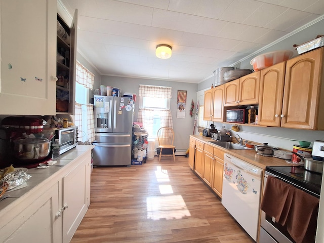 kitchen featuring a sink, light wood-type flooring, appliances with stainless steel finishes, and crown molding