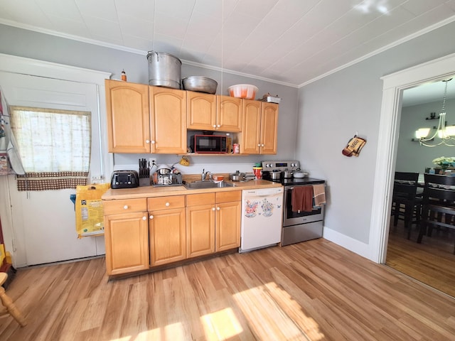 kitchen with stainless steel electric stove, a sink, a chandelier, black microwave, and dishwasher