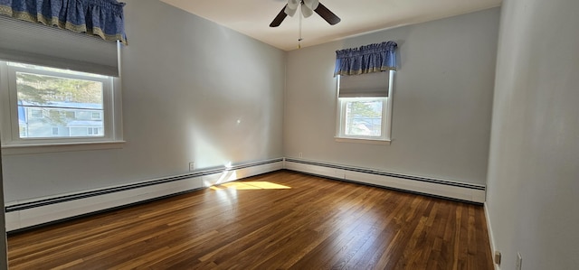 unfurnished room featuring hardwood / wood-style flooring, a baseboard radiator, and ceiling fan