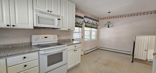 kitchen with hanging light fixtures, decorative backsplash, baseboard heating, white cabinetry, and white appliances