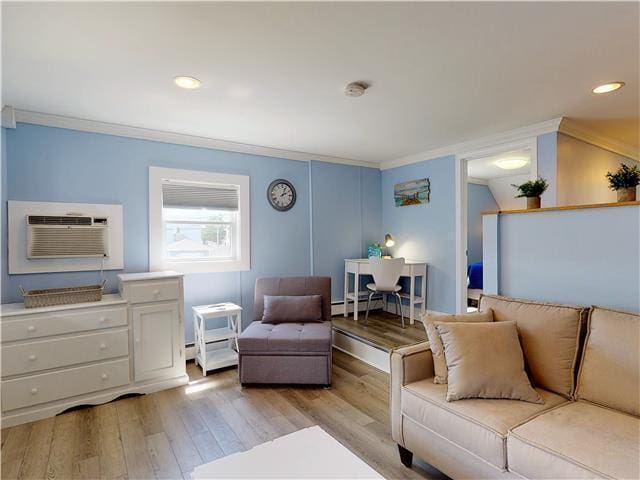 living room featuring light wood-type flooring, crown molding, recessed lighting, and a wall mounted AC