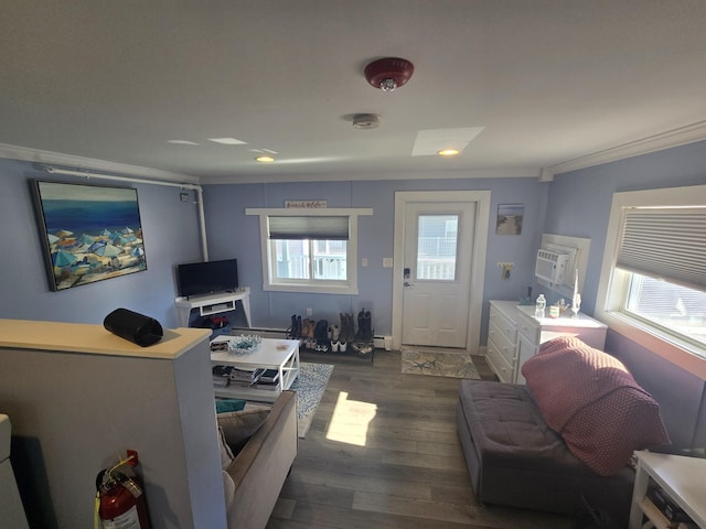 living area featuring dark wood finished floors and crown molding