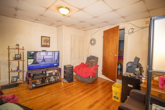 living area featuring a paneled ceiling and wood finished floors