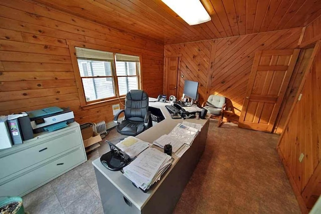 home office with wooden ceiling and wood walls