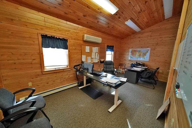 office area with lofted ceiling, an AC wall unit, wooden ceiling, and carpet flooring