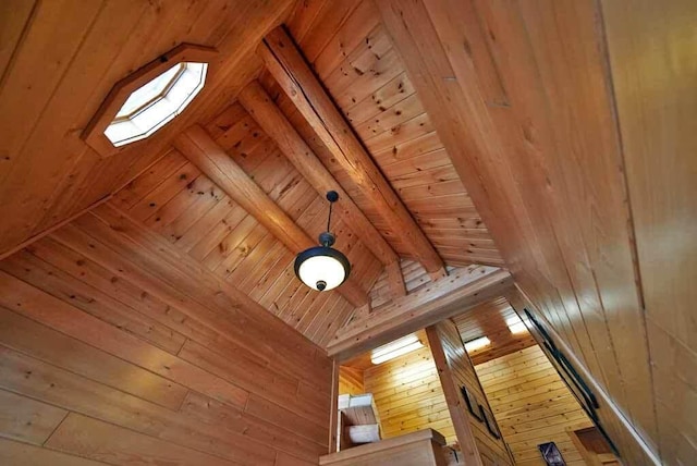 room details featuring wood ceiling, beam ceiling, and wooden walls