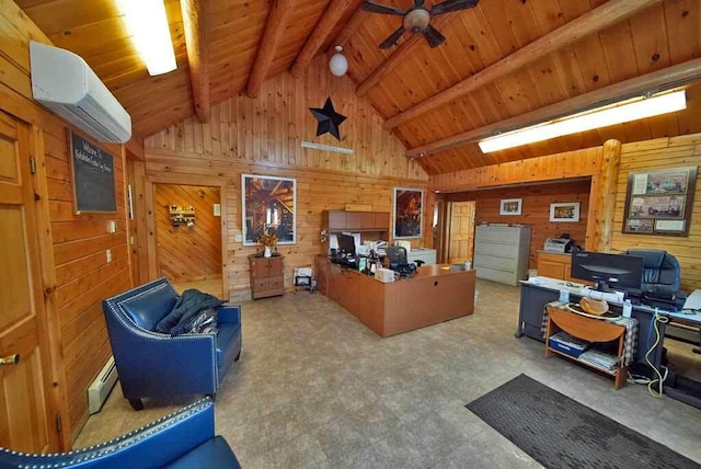 office space with lofted ceiling with beams, a wall mounted AC, wooden ceiling, and wooden walls