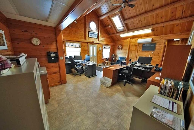 office with wooden ceiling, a wall unit AC, wood walls, and lofted ceiling with beams