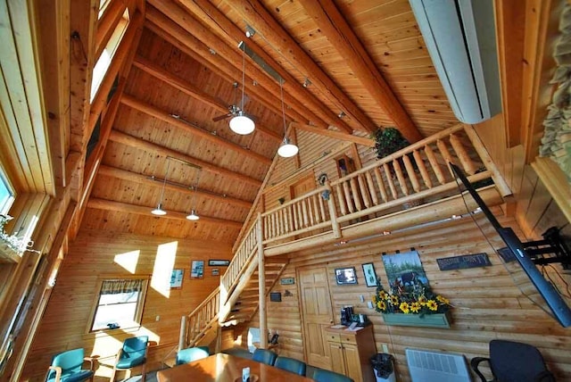 unfurnished living room with high vaulted ceiling, wooden ceiling, beamed ceiling, and wooden walls