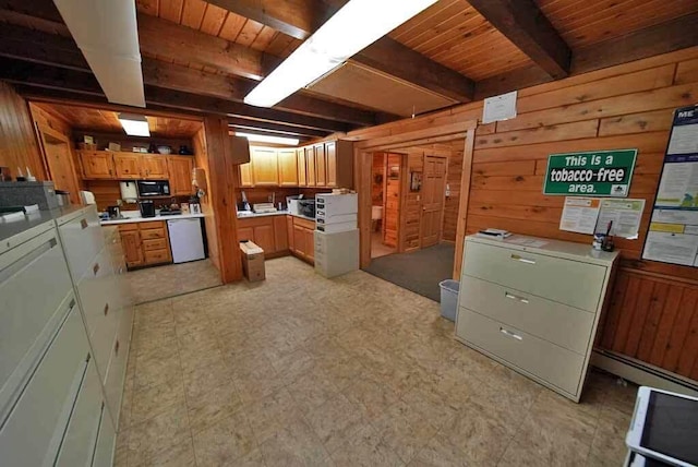 kitchen featuring white dishwasher, wooden walls, light countertops, beam ceiling, and light floors