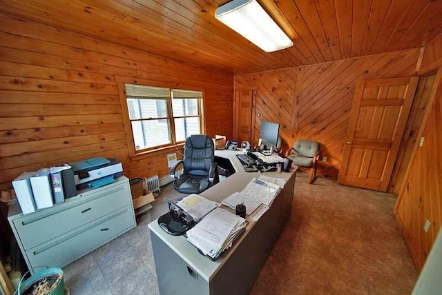 office space featuring wood walls, wood ceiling, and tile patterned floors