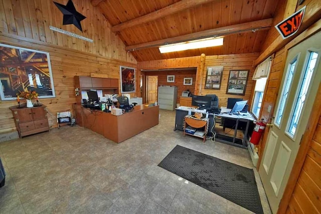 office area featuring wooden walls, wood ceiling, tile patterned floors, high vaulted ceiling, and beam ceiling