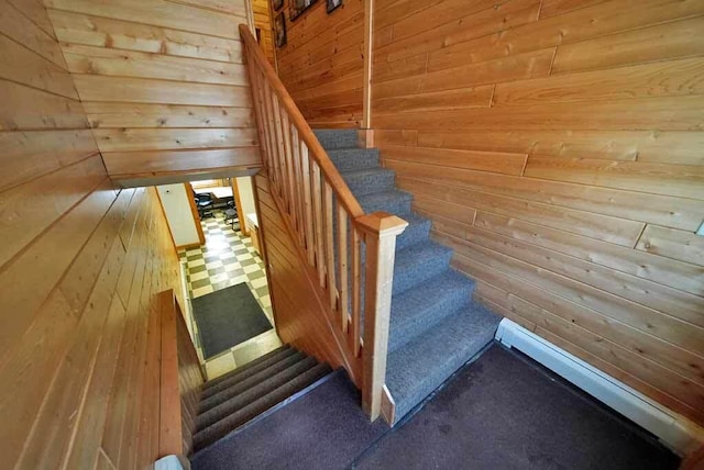 staircase featuring wood walls