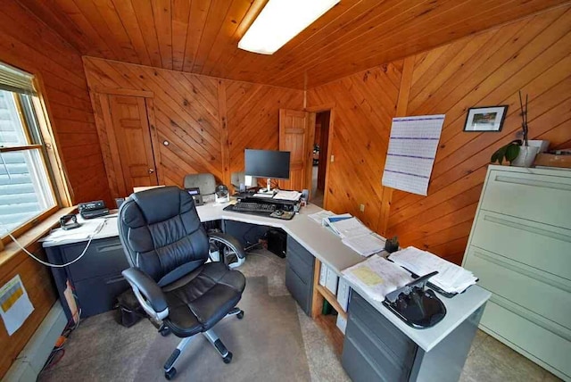 office space with wood walls and wooden ceiling