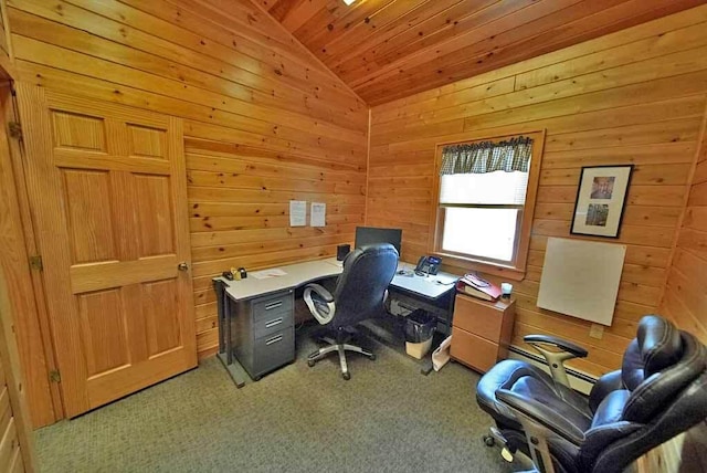 office area featuring lofted ceiling, wood walls, light carpet, and wooden ceiling