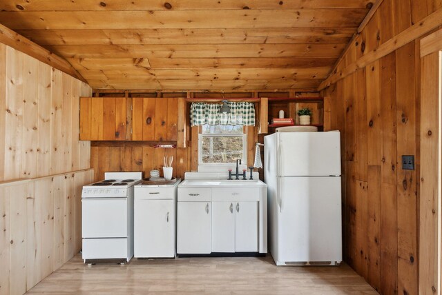washroom featuring wooden walls, wood ceiling, and light wood-style floors