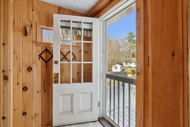 entryway with wood walls and a wealth of natural light